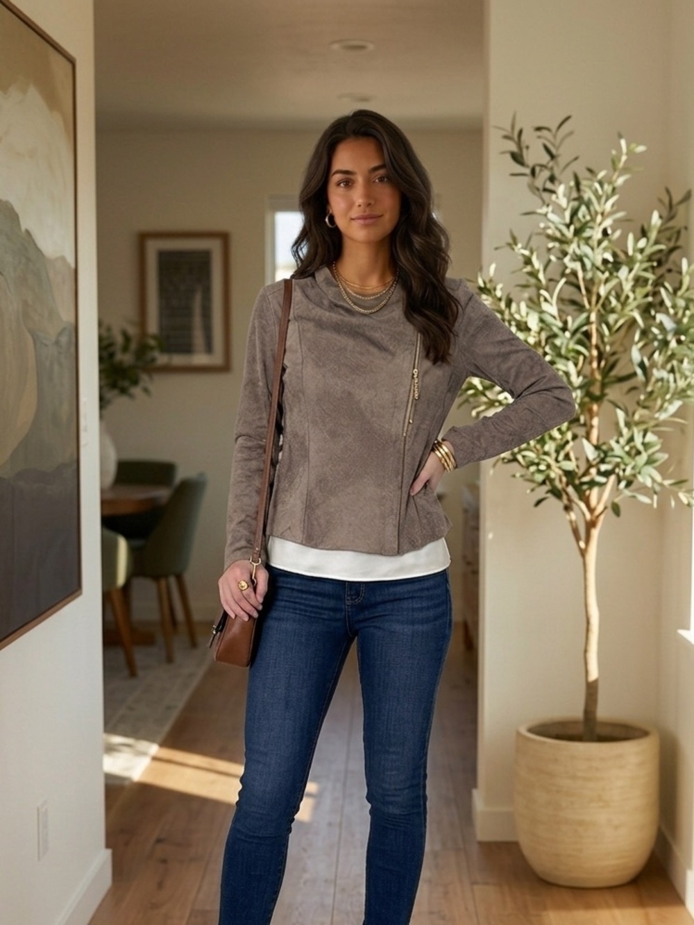 Zara Suede Asymmetrical Moto Jacket (Taupe/Muted Earth)
